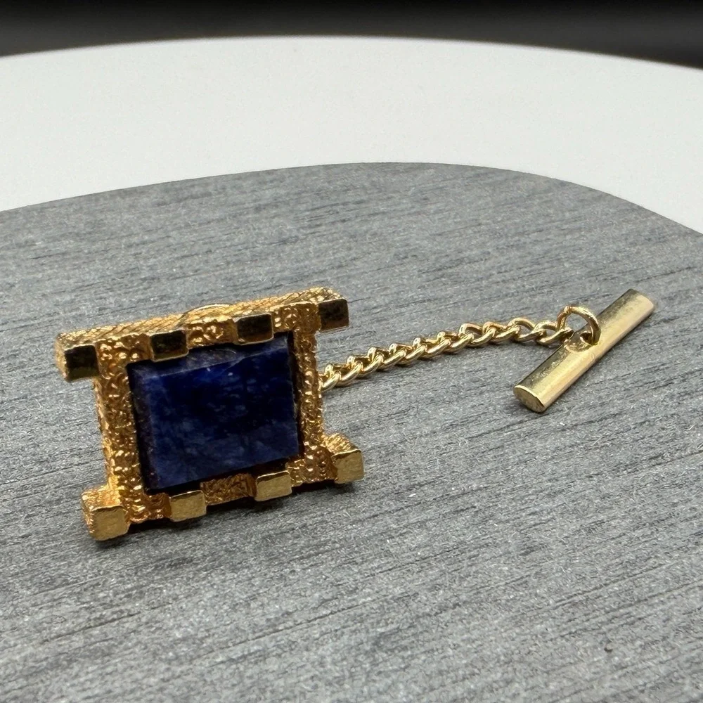 Gold Tone Blue Stone Tie Tack Lapel Pin Textured Square Chain Bar Gift for Him
